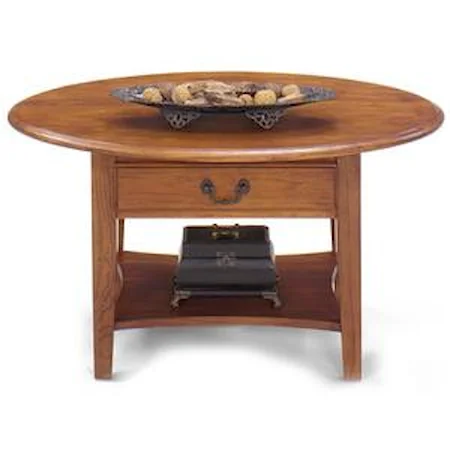 Petite Oval Cocktail Table and Square Base with Single Drawer and Bottom Shelf